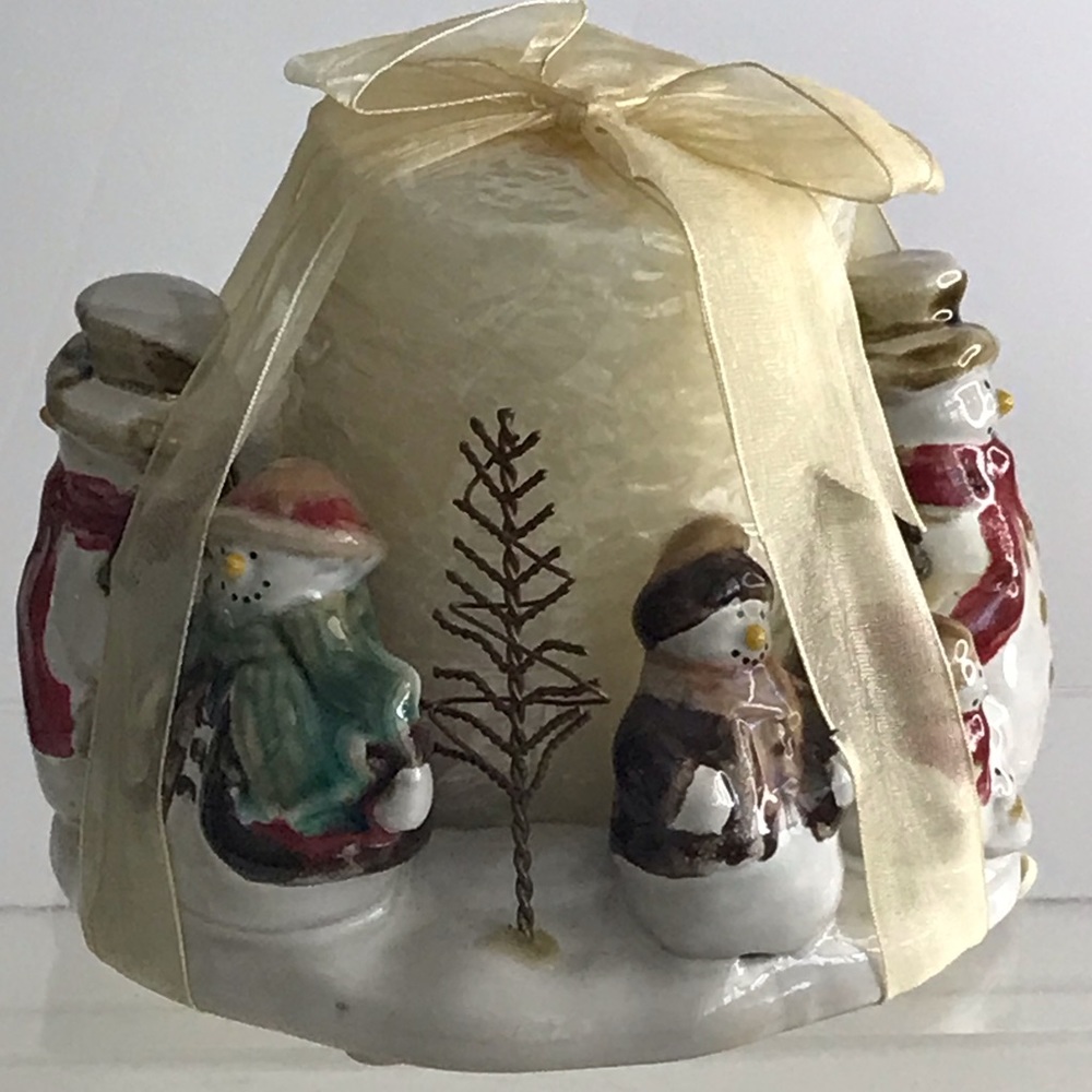 Snowmen All Dressed Up With Trees Pillar Candle Holder & Candle Included - NEW